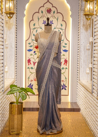 Dusty Grey Crush Tissue Drape Saree with Embroidered Blouse