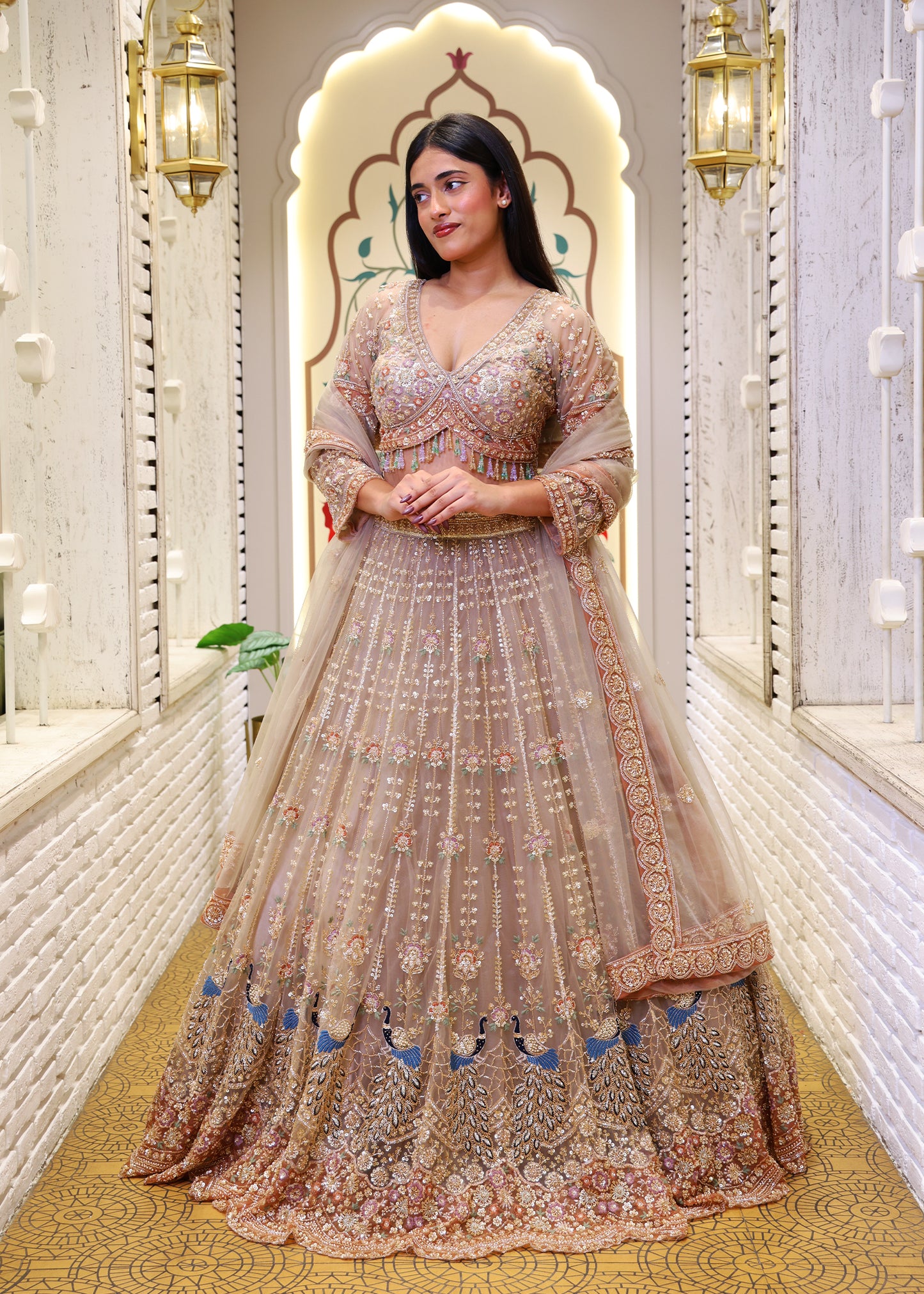 Meenal Golden Hand Embroidered Lehenga with Stitched Blouse