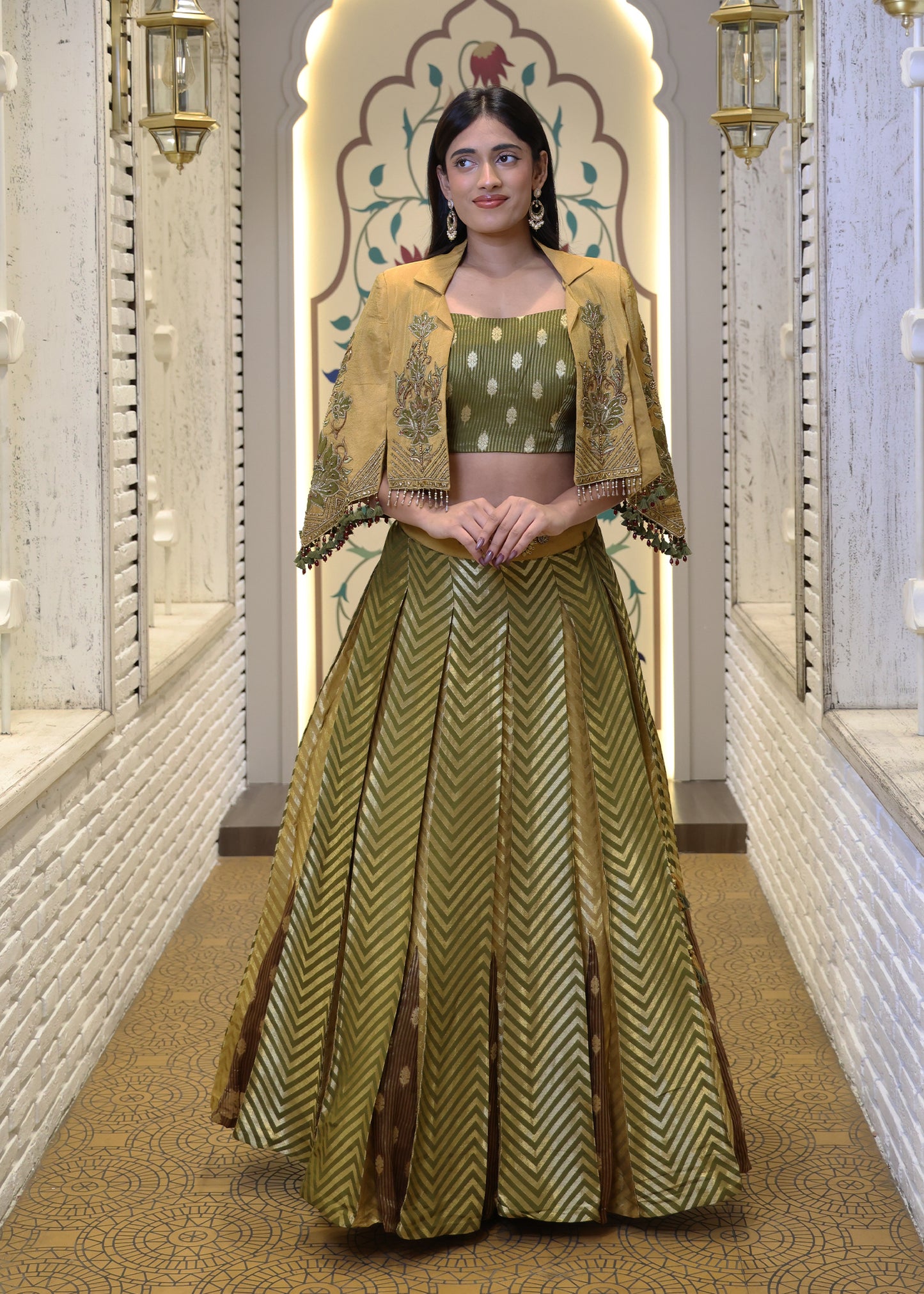 Alina Green Short Jacket Style Lehenga