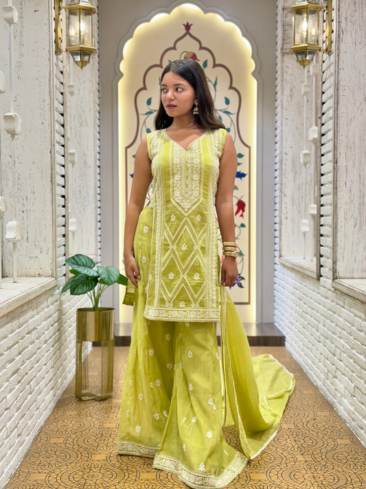 Nyra Neon Green Slit Palazzo Pants Stitched Suit Set