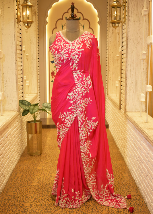 Pink Chinon Thread Embroidered Saree with Stitched Blouse