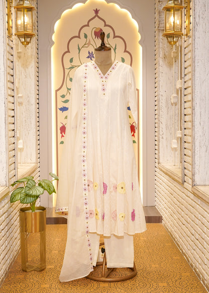 Ivory Cotton Anarkali with Floral Embroidery 3 pc Kurti Set