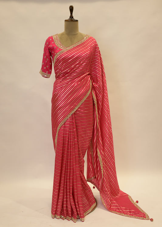 Rani Striped Zari Organza Sarees with Stitched Blouse