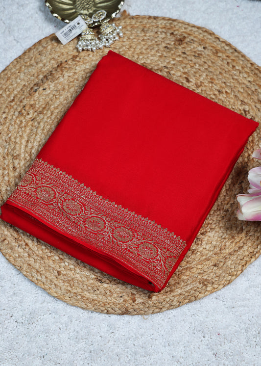 Deeya Plain Red Banarasi Pure Crepe Saree with Unstitched Blous