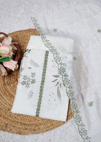 Pearl White & Green Floral Unstitched Suit Set