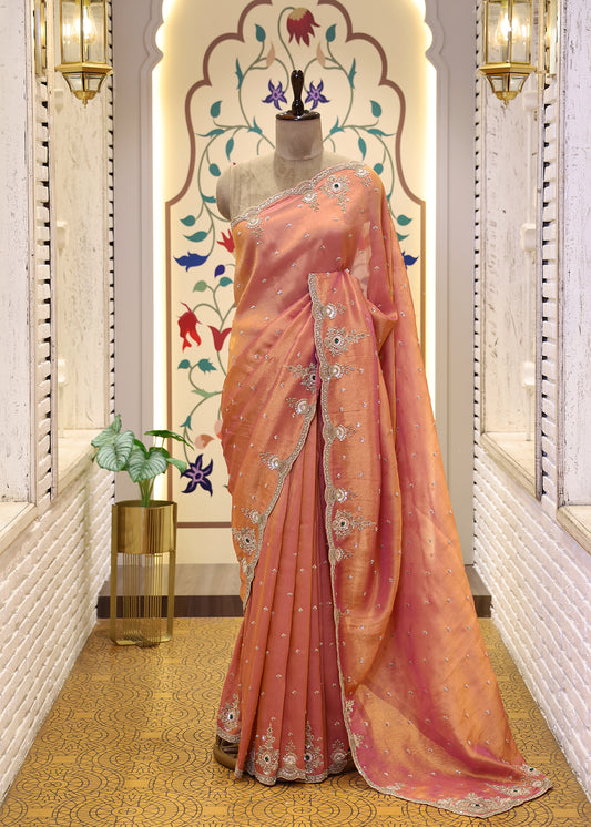 Sitara Peach Gemstones Saree with Unstitched Blouse