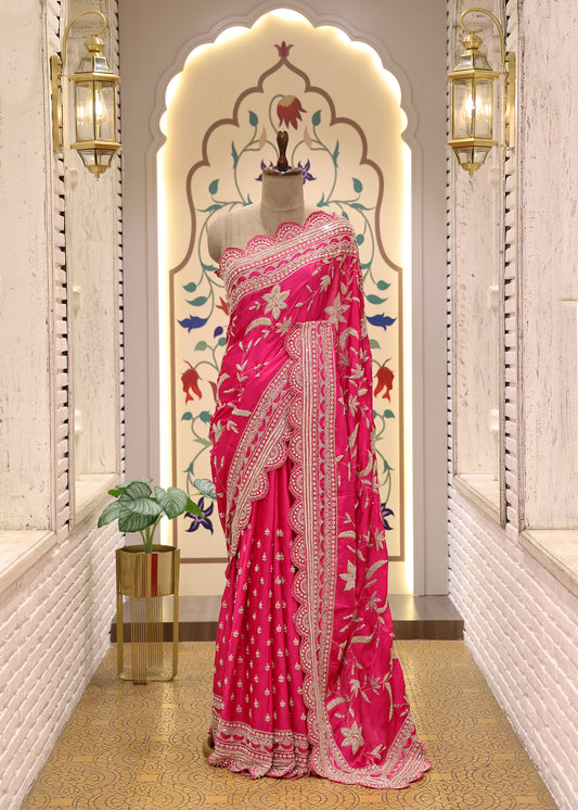 Gulzaar Pink Zari & Mooti Heavy Scallop Border Saree with Unstitched Blouse
