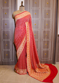 Red Khadi Georgette Saree with Zardozi Embroidery