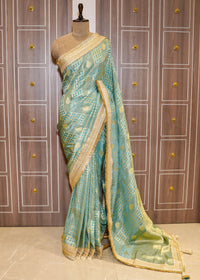Sea Green Tissue Weaving Saree with Gota Lace and Unstitched Blouse
