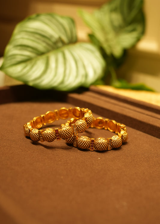 Jahanara Beaded Gold Bead & Ruby Kada Bangle Pair