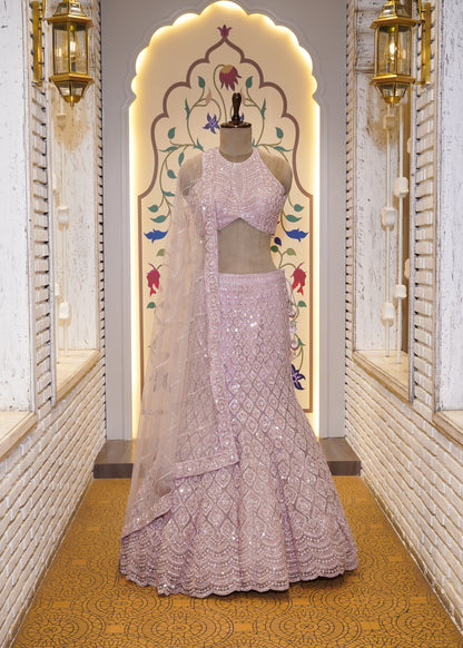 Baby Pink Bead Embroidered Crop Top Fish-cut Skirt Set