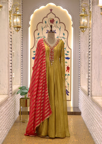 Green & Red Anarkali Suit Set with Dupatta