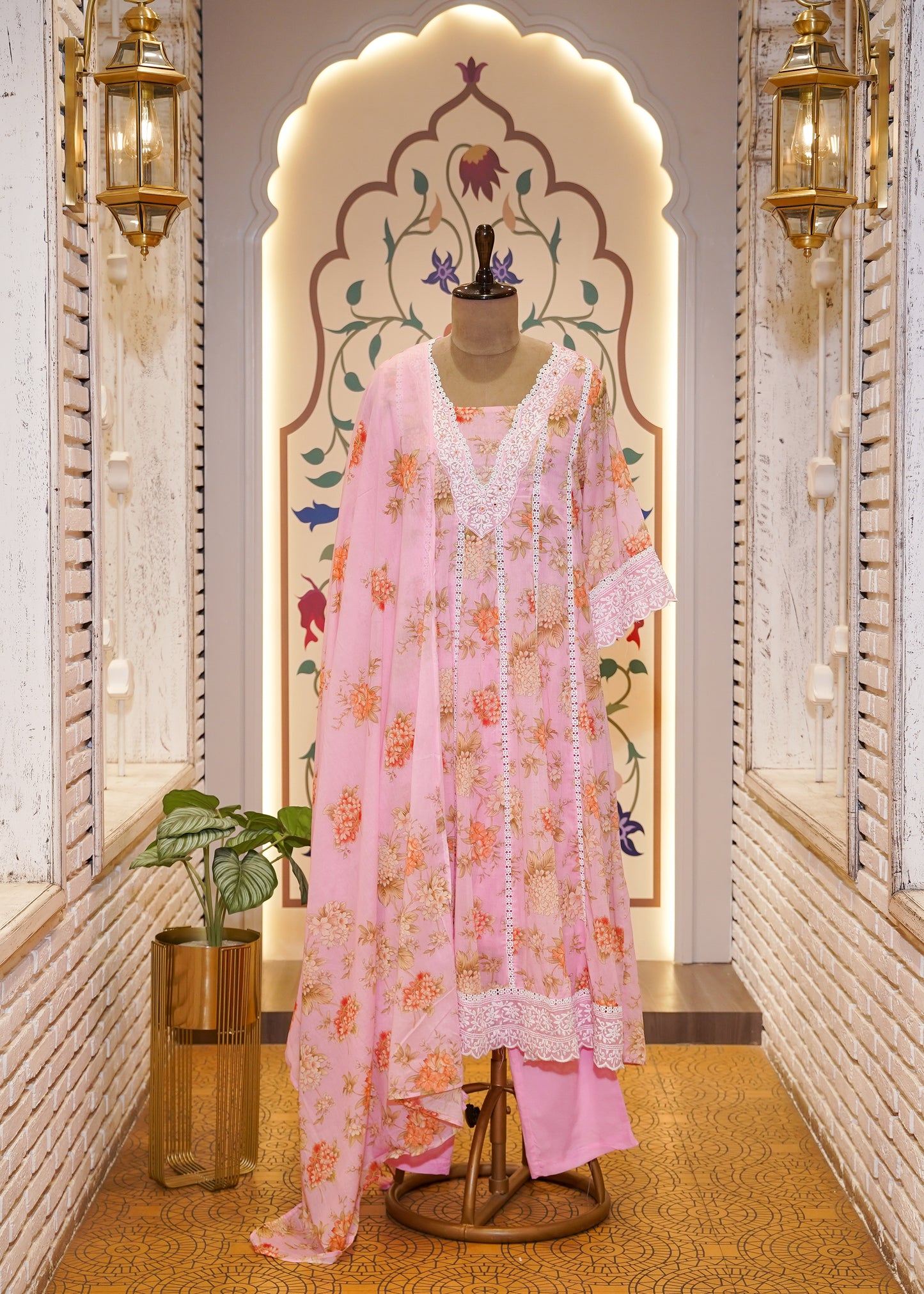 Pink Cotton Printed A Line 3 pc Kurti Set with Thread Embroidery