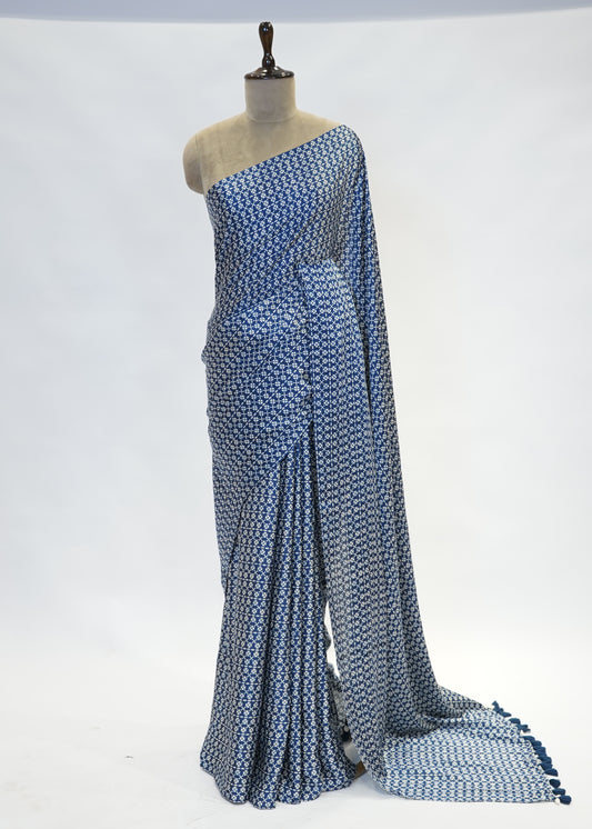 Blue Printed Modal Crepe Saree with Unstitched Blouse