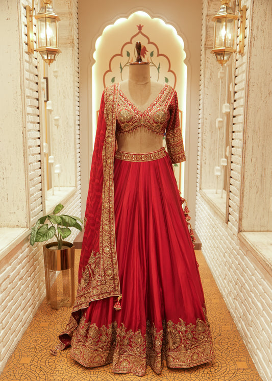 Aanya Crimson Red Raw Silk Bridal Lehenga Set with Dupatta