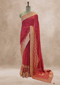 Red Booti Embroidered Dola Silk Saree with Unstitched Blouse