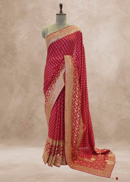 Red Booti Embroidered Dola Silk Saree with Unstitched Blouse