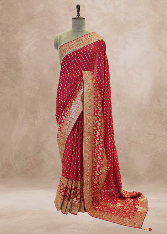 Red Booti Embroidered Dola Silk Saree with Unstitched Blouse