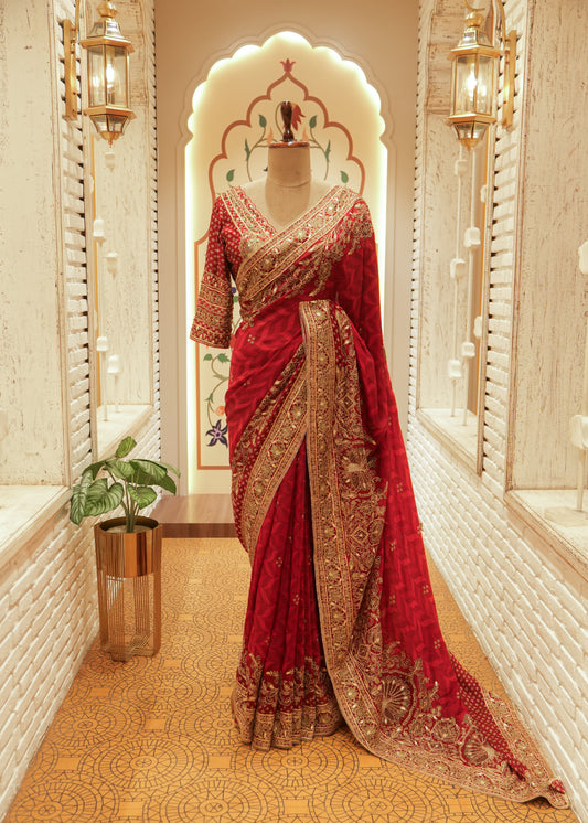 Aanya Crimson Red Silk Embroidered Saree with Stitched Blouse