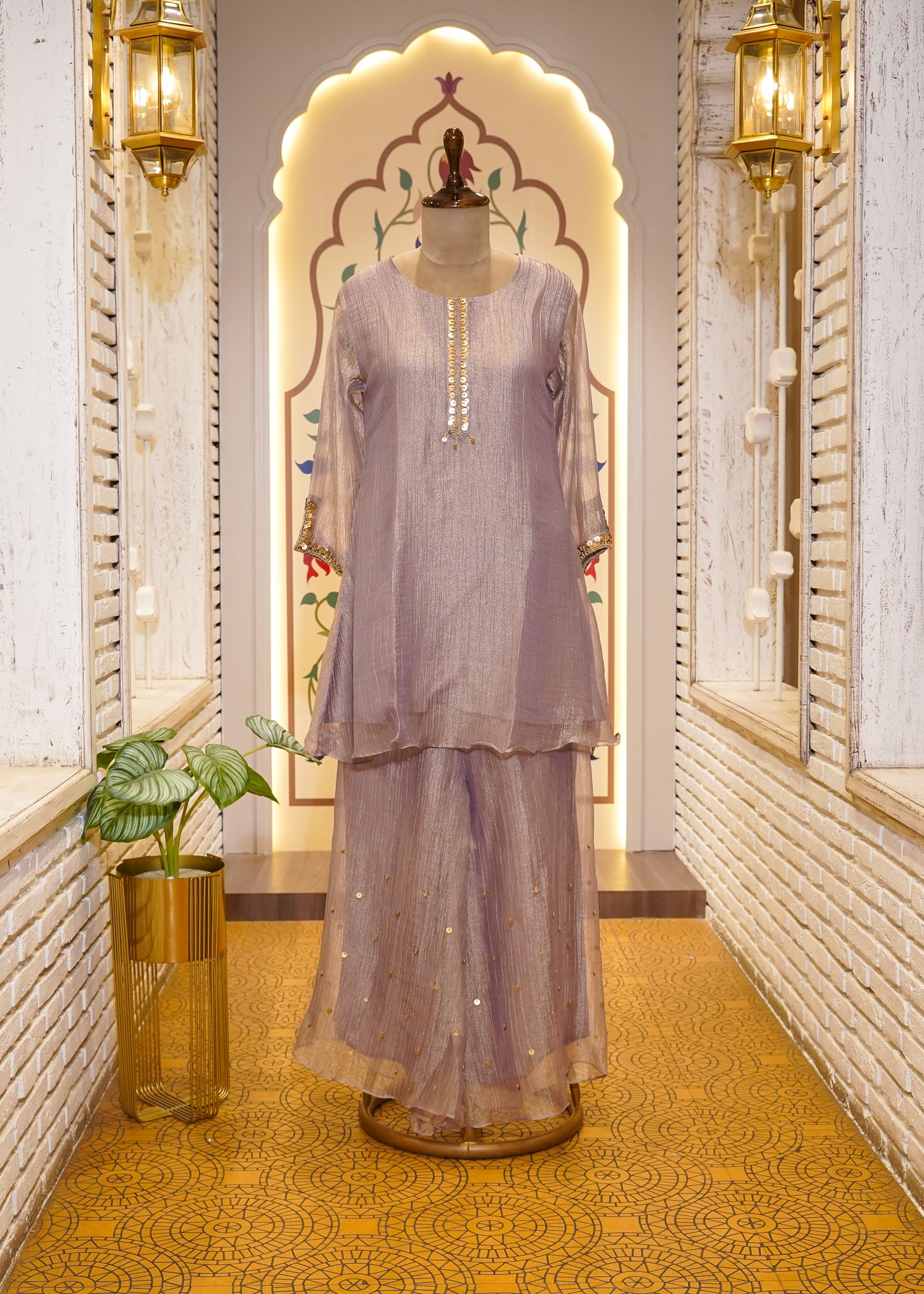 Lavender Tissue Hand Embellished Short Shirt & Sharara Co-ord Set