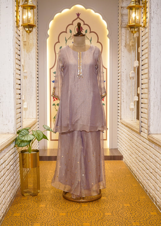 Lavender Tissue Hand Embellished Short Shirt & Sharara Co-ord Set