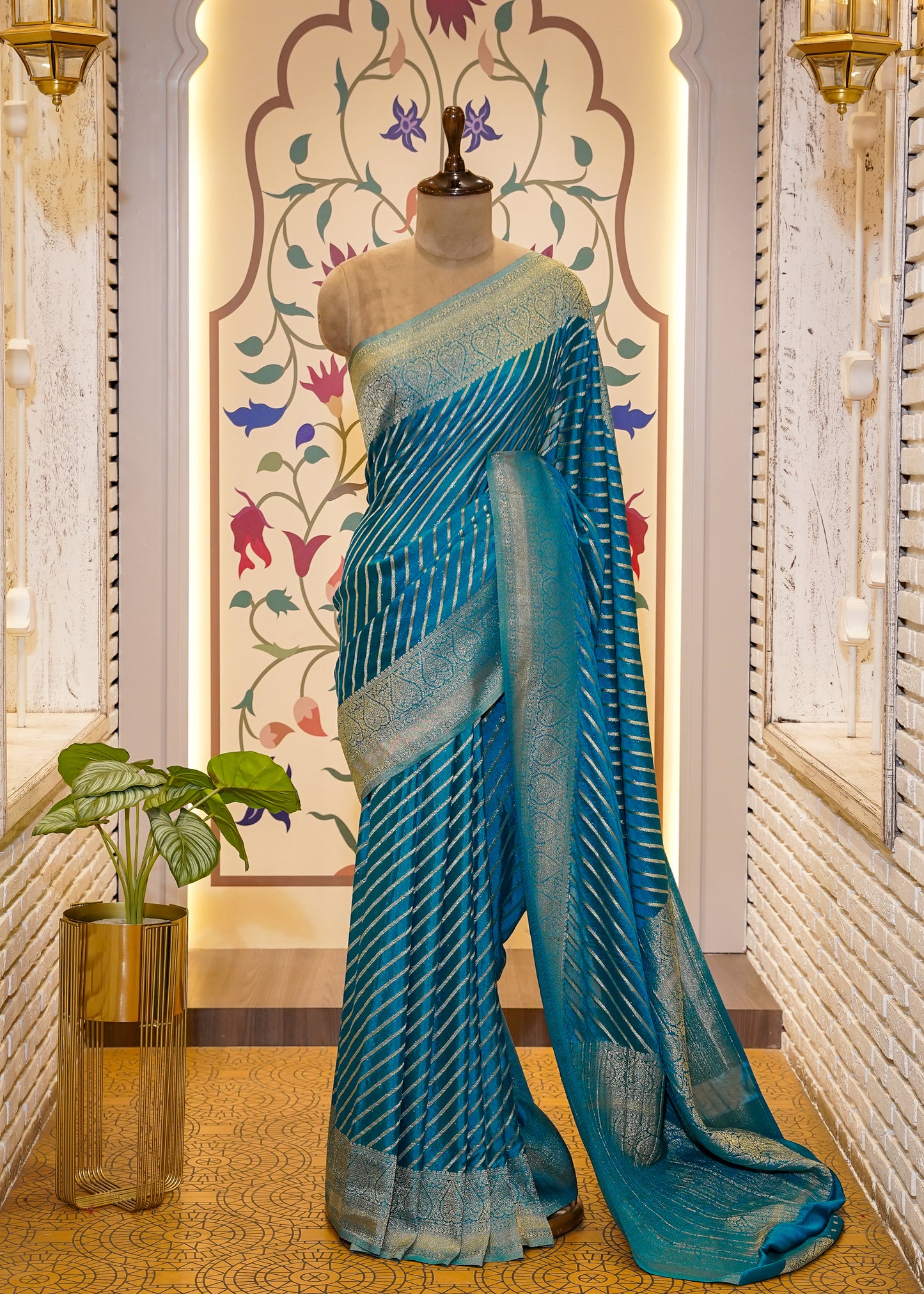 Teel Blue Chinon Leheriya Saree