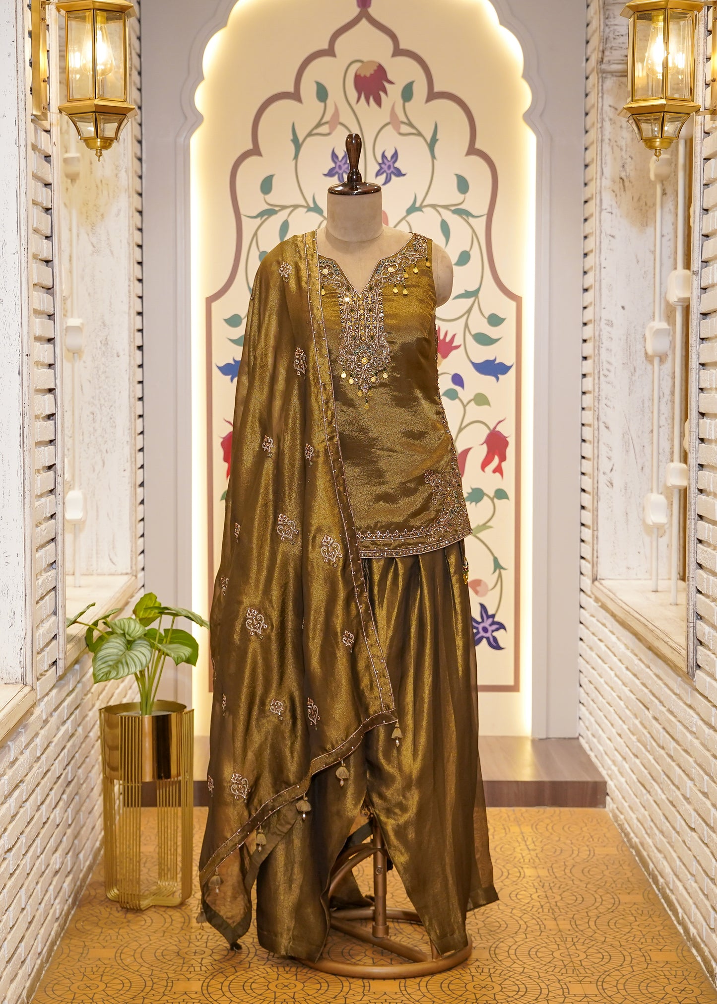 Mehendi Green Tissue Short Shirt with Farshi Salwar 3 pc Suit Set