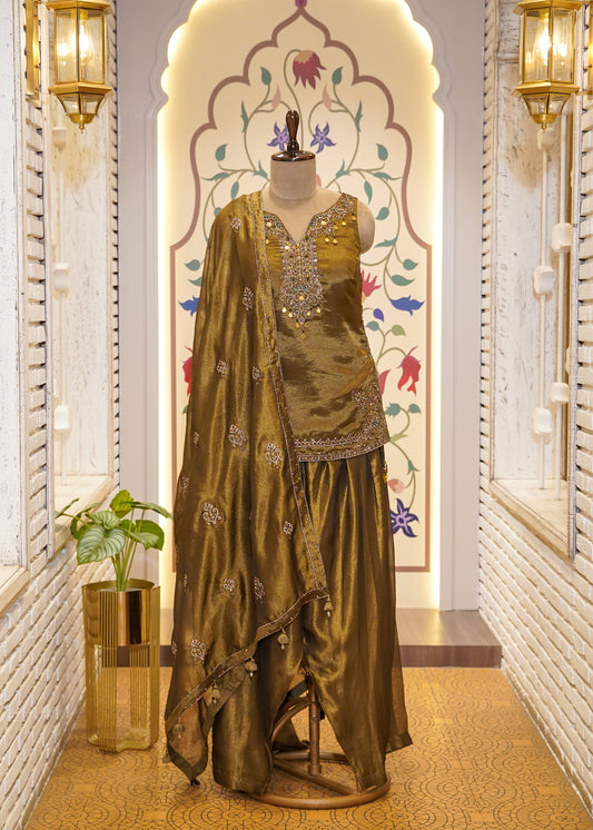Mehendi Green Tissue Short Shirt with Farshi Salwar 3 pc Suit Set