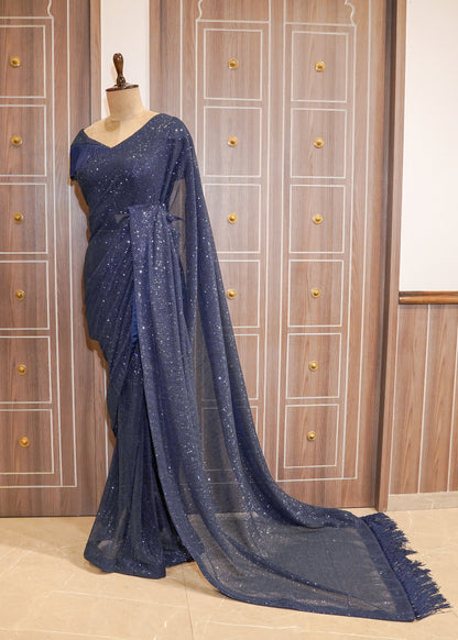 Midnight Blue Sequence Saree with Stitched Blouse