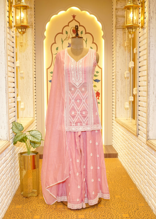 Nyra Baby Pink Slit Palazzo Pants Stitched Suit Set