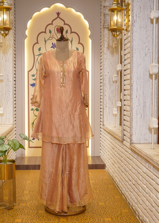 Dusty Peach Tissue Hand Embellished Short Shirt & Sharara Co-ord Set