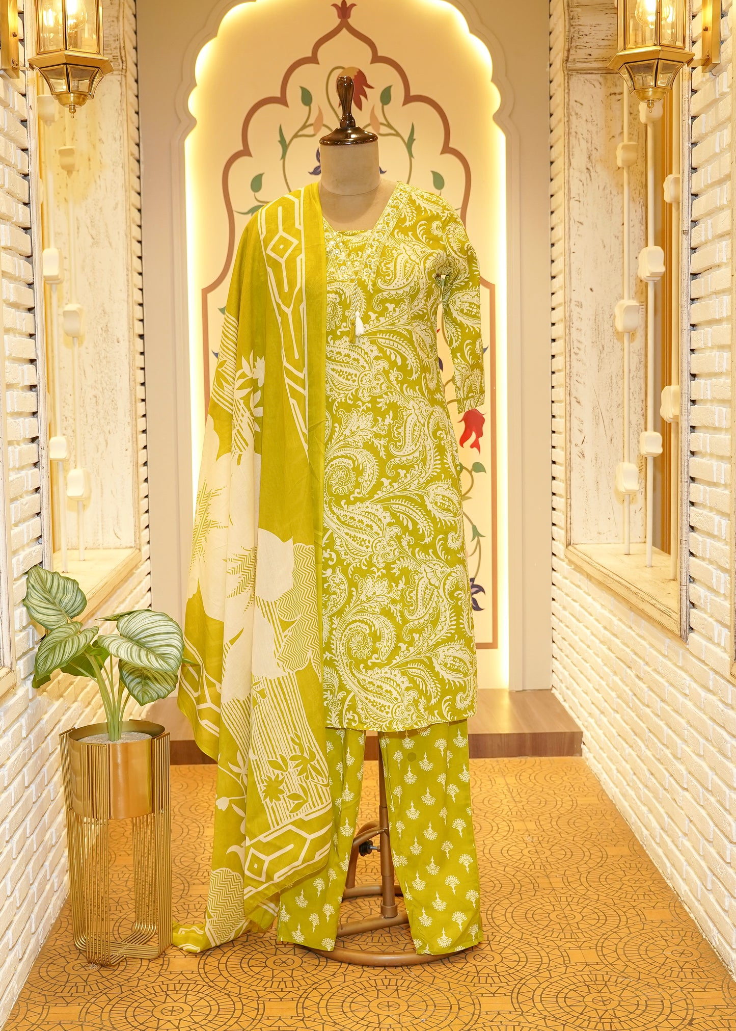 Kaia Green Lace Border Stitched Suit Set