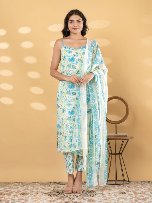 Leher Blue Strappy Stitched Suit Set