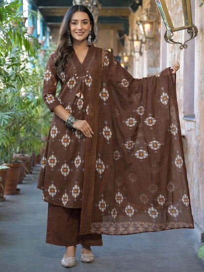 Kargha Brown A-line  Stitched Suit Set
