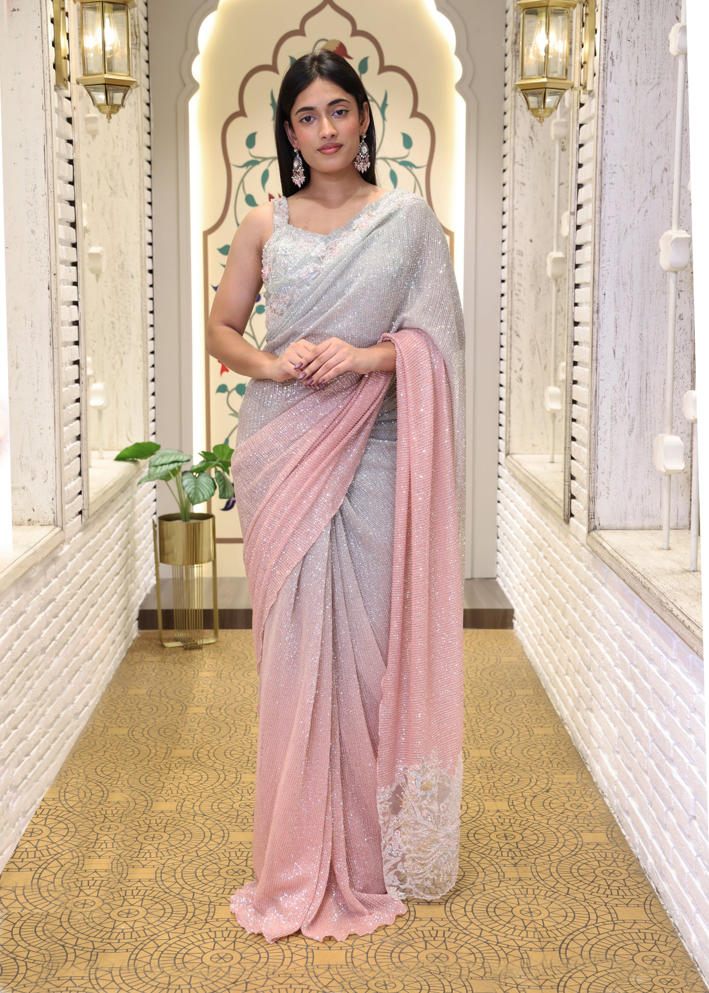 Kashish Ombre Pink & Blue Sequin Saree with Stitched Blouse