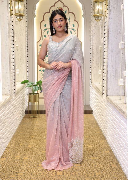 Kashish Ombre Pink & Blue Sequin Saree with Stitched Blouse