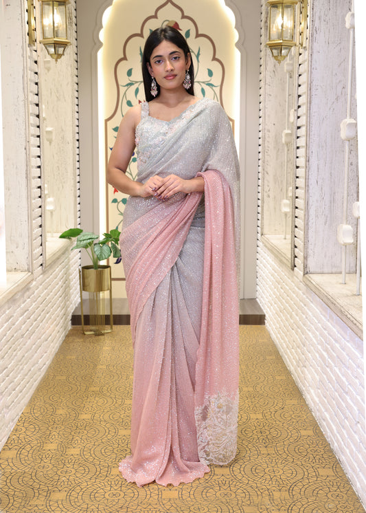 Kashish Ombre Pink & Blue Sequin Saree with Stitched Blouse