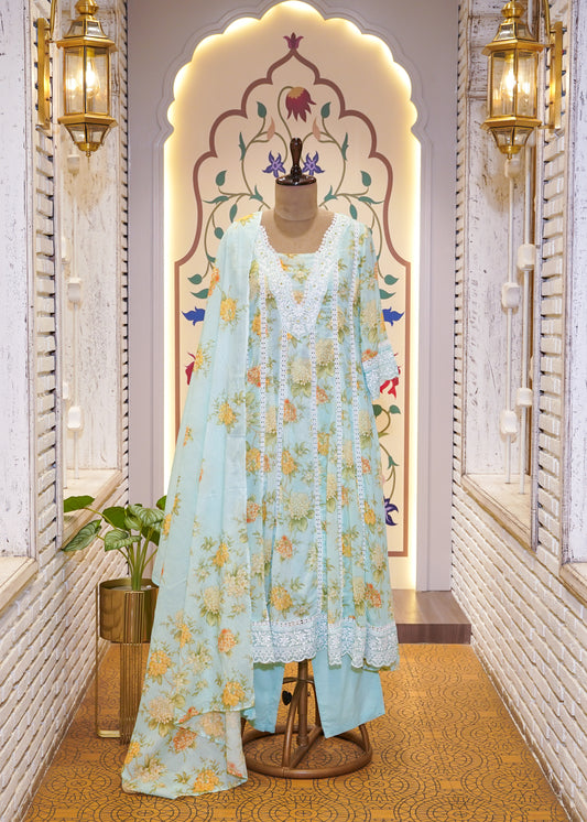 Sea Green Cotton Printed A Line 3 pc Kurti Set with Thread Embroidery
