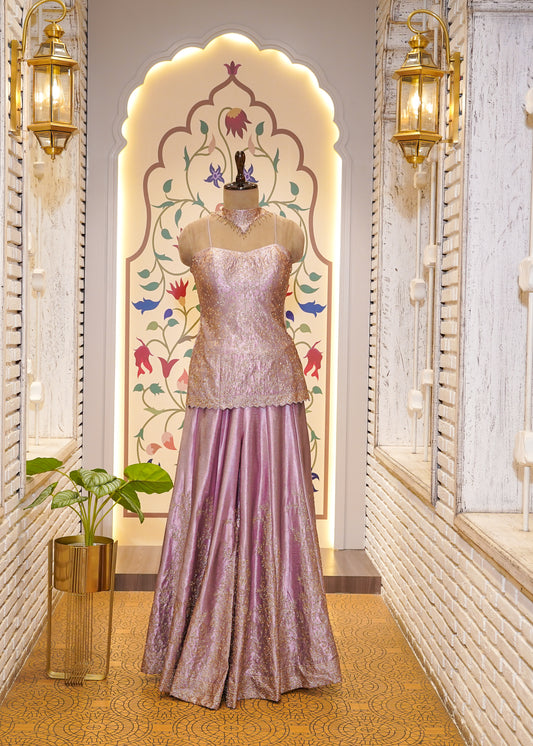 Lavender Dori Embroidered Short Shirt and Plazo Set with Choker Dupatta