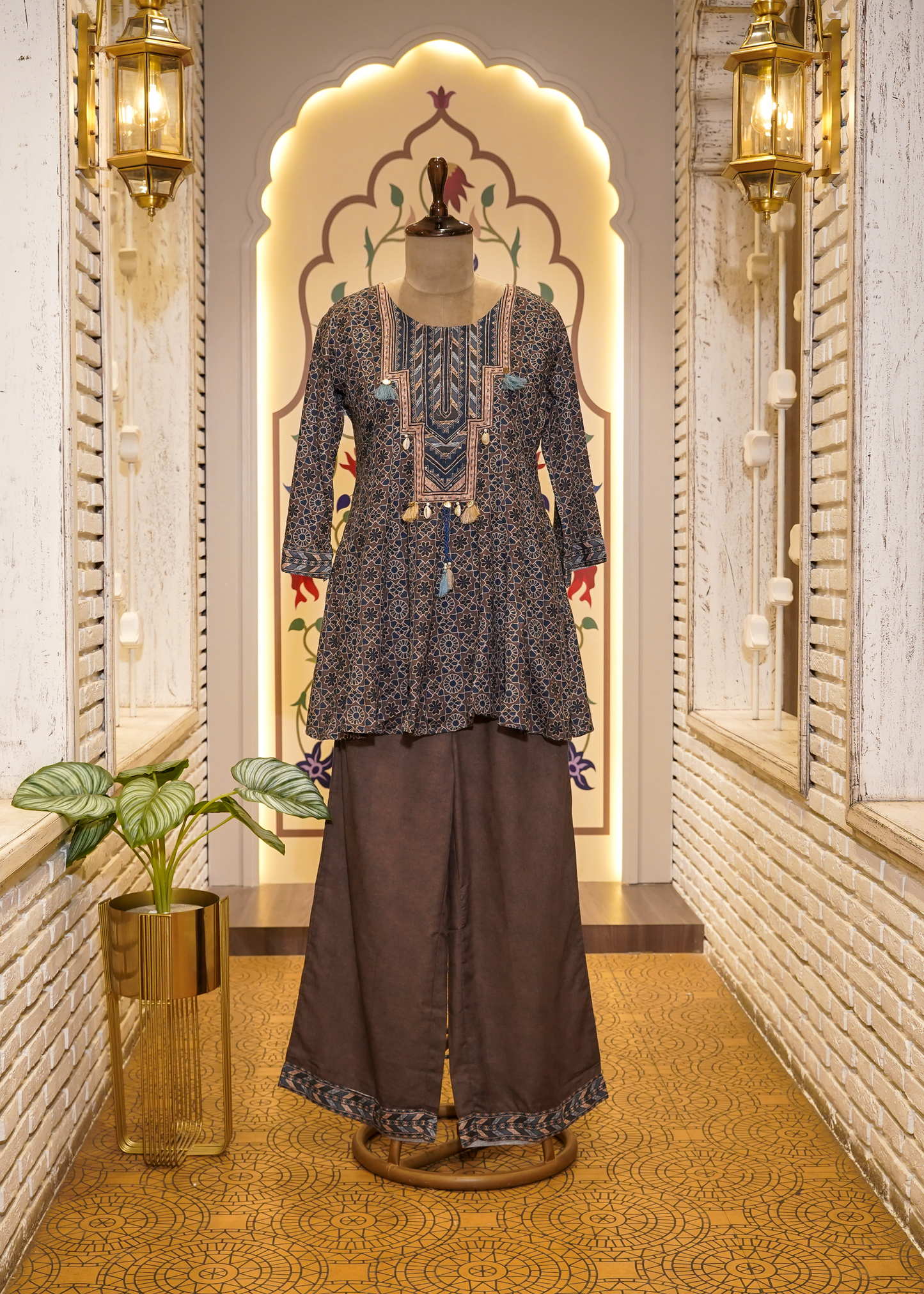 Brown & Blue Printed Peplum with Pants Co-ord set
