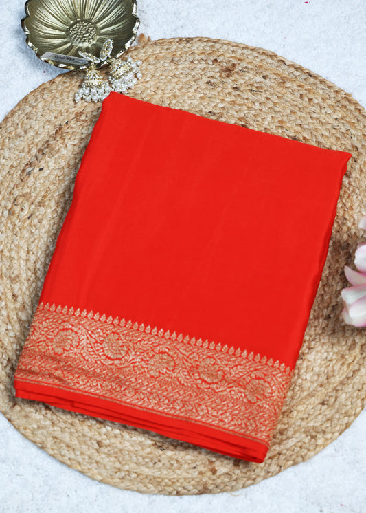 Deeya Plain Orange Banarasi Pure Crepe Saree with Unstitched Blouse
