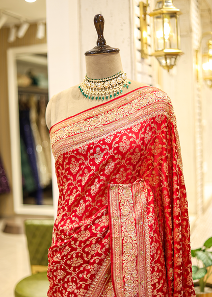 Nazini Red Satin Silk Jaal Saree with Unstitched Blouse