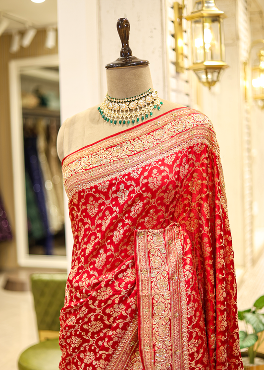Nazini Red Satin Silk Jaal Saree with Unstitched Blouse