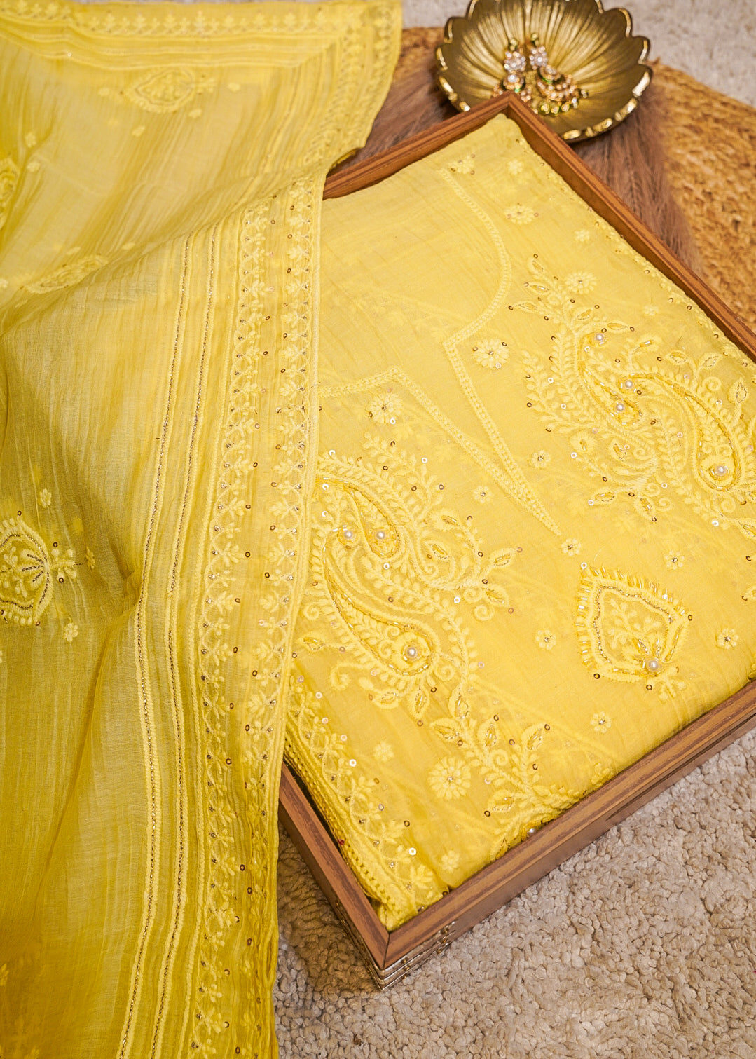 Yellow Mul Cotton Thread Embroidered Unstitched Suit Set