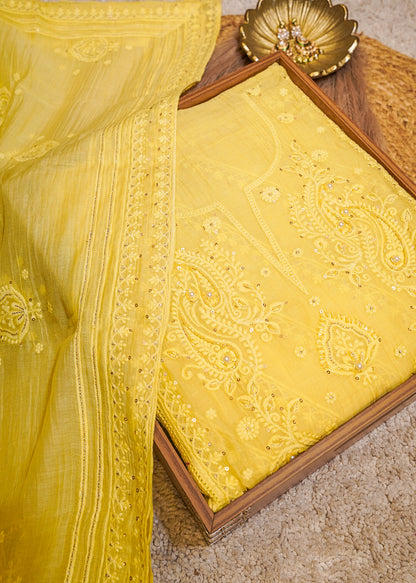 Yellow Mul Cotton Thread Embroidered Unstitched Suit Set