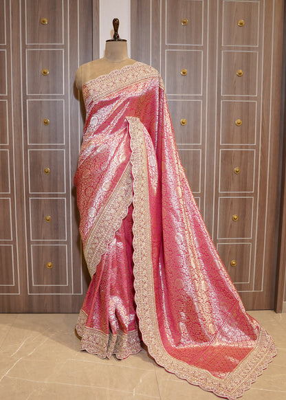 Rani Silk Bead Embroidered Border Saree with Unstitched Blouse