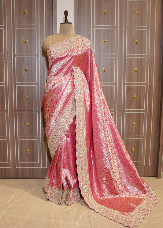 Rani Silk Bead Embroidered Border Saree with Unstitched Blouse