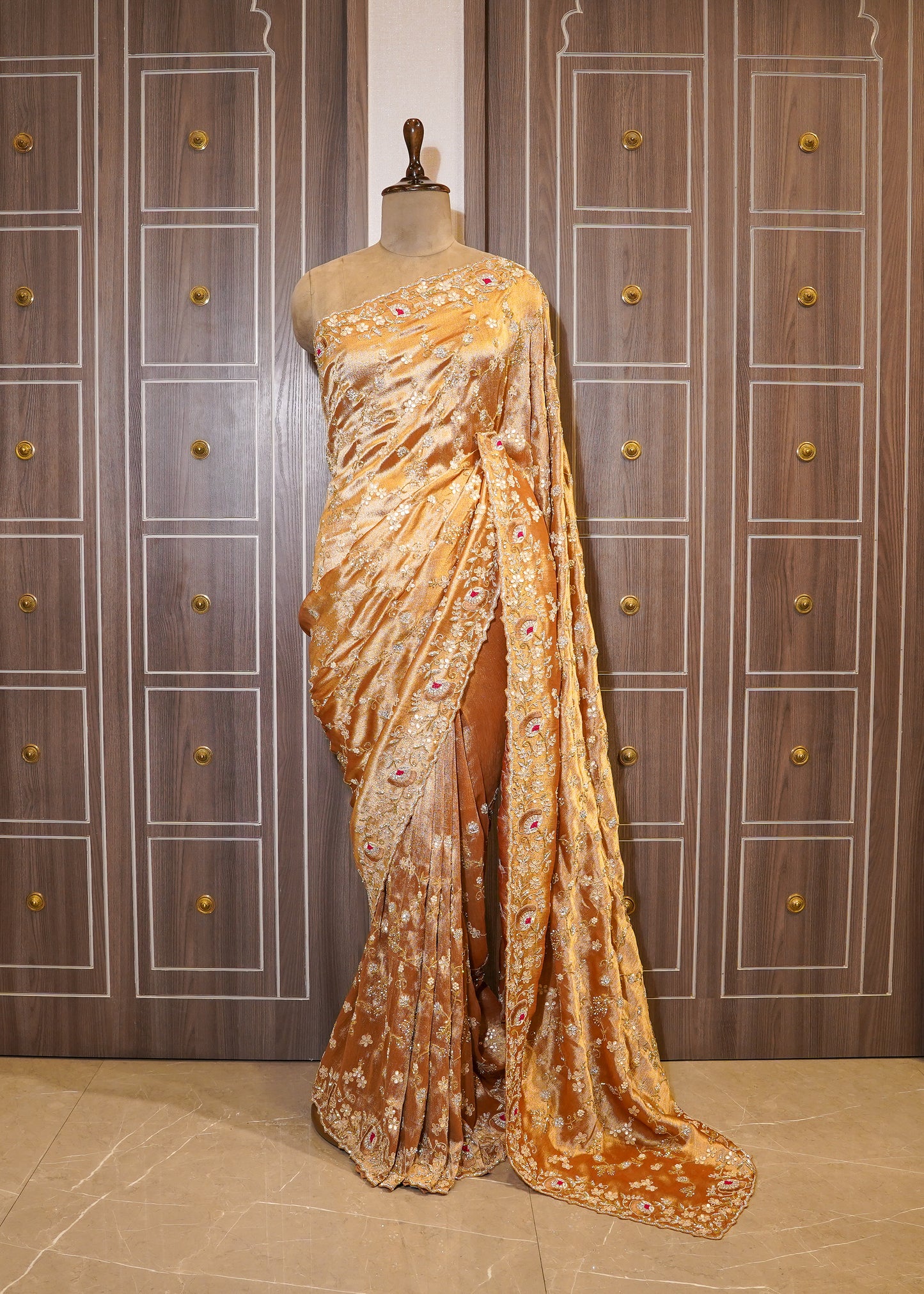 Golden Tissue Hand Embroidered Saree with Unstitched Blouse