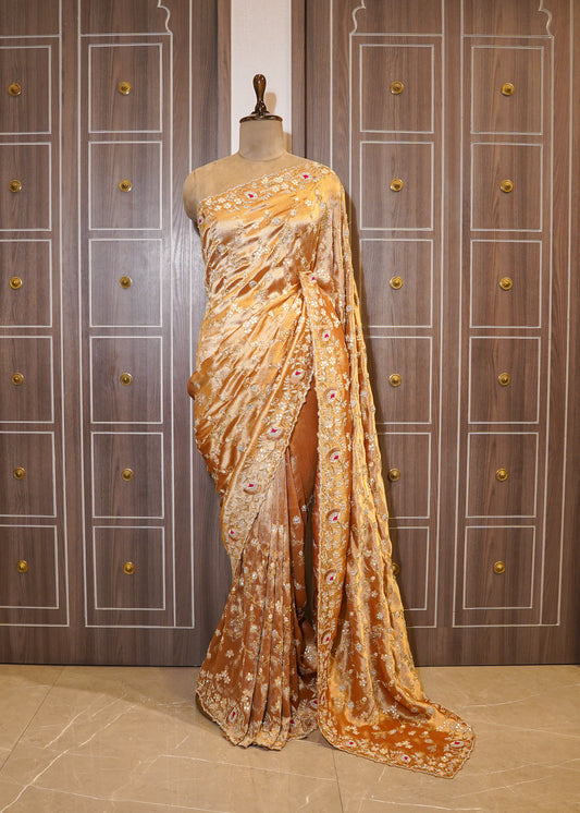 Golden Tissue Hand Embroidered Saree with Unstitched Blouse