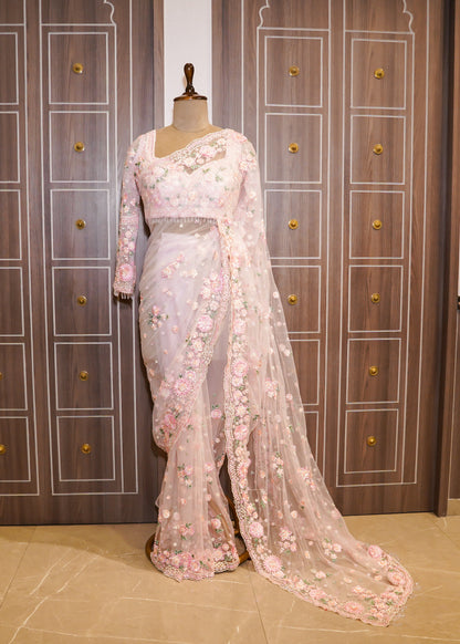 Pink Floral Embroidered Net Saree with Stitched Blouse